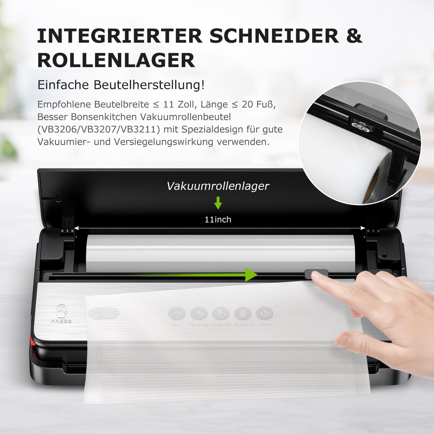 Bonsenkitchen Vakuumiergerät, für Trockene und Feuchte Lebensmittel Vakuumierer mit Eingebauter Cutter, 1 Rolle Folienbeutel, 50 Profi-Folienbeutel