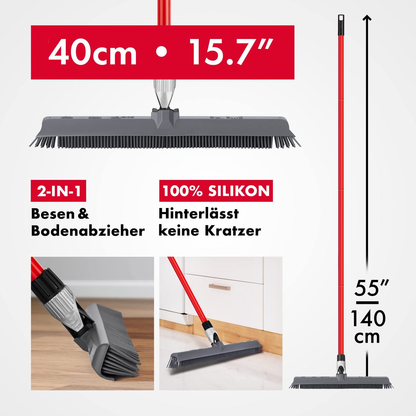 Tyroler Silikon Besen & Bodenabzieher | Kehrbesen-Kopf aus 100% Silikon 41 cm | Besen mit Stiel und 140 cm Anti-Rost-Griff | Silikonbesen mit Stiel | Gummibesen mit Stiel | Gummibesen Tierhaare