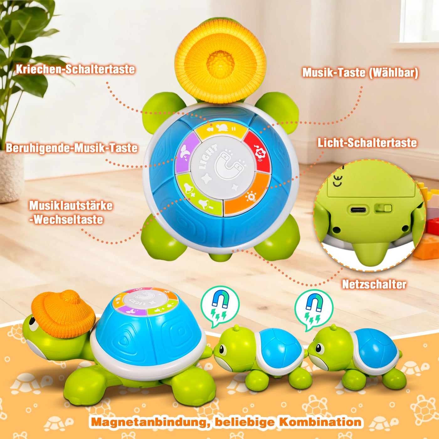 Baby Krabbel Spielzeug ab 3 6 9 Monate, 3 PCS Schildkröten Krabbelspielzeug mit Licht und Musik, Frühkindliches Lernspielzeug, Tummy Time Baby Toys, Neugeborenes Spielzeug Geschenk