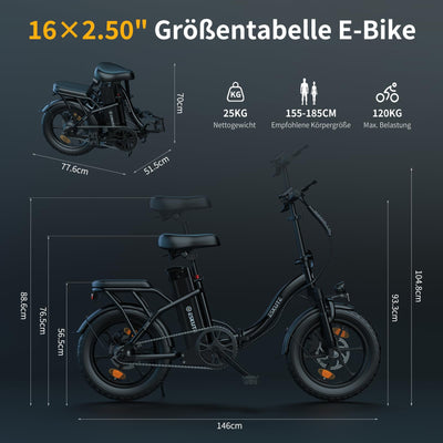 ESKUTE D100 E-Bike Klapprad 16 x 2,5 Zoll, Elektrofahrrad für Herren & Damen, Fatbike mit Abnehmbarem 36V 13Ah Akku, Lange Reichweite bis 100 km, Faltbares Pedelec für Erwachsene, Schwarz
