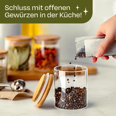 Praknu Gewürzgläser Groß- 8er Set 250ml - mit Etiketten zum Beschriften - Luftdicht - Spülmaschinenfest - Küchenorganisation - für Gewürze, Kräuter & Tee (8x 250ml)