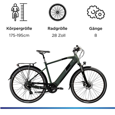 ZÜNDAPP Ebike Herren 28 Zoll Trekkingfahrrad | E Bike 8 Gänge 175-195 cm Elektro Fahrrad | E-Bike Elektrofahrrad mit hydraulischen Scheibenbremsen | Z810 (dunkelgrün metallic, 52 cm)