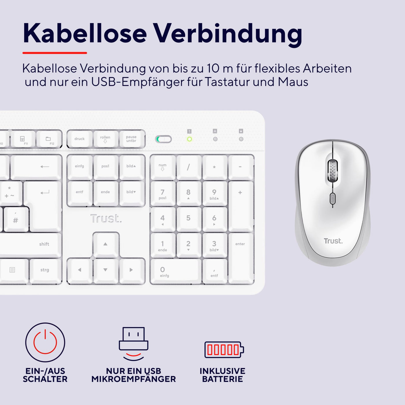 Trust ODY II Leise Tastatur Maus Set Kabellos Deutsches QWERTZ Layout, Flachen Tasten, Beidhändig Funkmaus 800-1600 DPI, Spritzwassergeschützt, EIN USB-Empfänger, für PC Computer Laptop Mac, Weiß