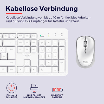 Trust ODY II Leise Tastatur Maus Set Kabellos Deutsches QWERTZ Layout, Flachen Tasten, Beidhändig Funkmaus 800-1600 DPI, Spritzwassergeschützt, EIN USB-Empfänger, für PC Computer Laptop Mac, Weiß