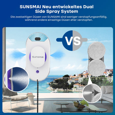 SUNSMAI Dual Side Spray Fensterputzroboter, Anti-verstopfungsfreie Elektrisch Automatischer Fensterroboter mit Wassersprühfunktion,3800pa Starke Anti-Drop Automatischer Fensterputzer,12 Tücher (Lila)