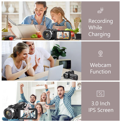 Videokamera 4K Camcorder HD 80MP IR-Nachtsicht Vlogging Kamera für YouTube, Webcam Camera mit 18-Facher Digitalzoom, 3.0’’ 270° Drehung IPS Bildschirm 30FPS Videokamera mit 32GB SD-Karte und Batterien