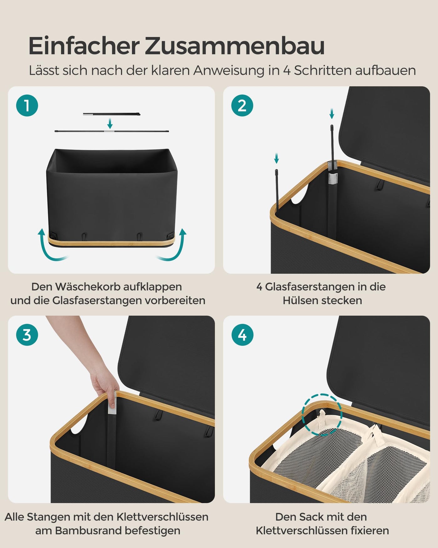 SONGMICS Pfandflaschen Sammelbehälter，Wäschekorb mit Deckel, Wäschesammler mit 3 Fächern, 150 L, herausnehmbarer Wäschesack, Griffe aus Bambus, 60 x 38,5 x 70,5 cm, tintenschwarz LCB515B01