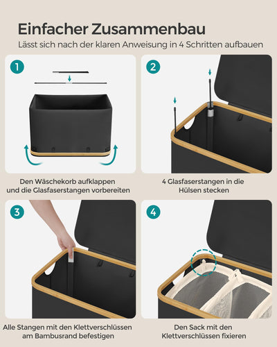 SONGMICS Pfandflaschen Sammelbehälter，Wäschekorb mit Deckel, Wäschesammler mit 3 Fächern, 150 L, herausnehmbarer Wäschesack, Griffe aus Bambus, 60 x 38,5 x 70,5 cm, tintenschwarz LCB515B01