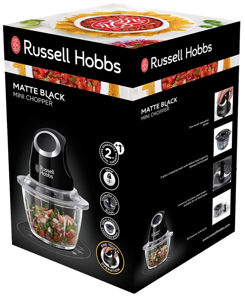 Russell Hobbs Zerkleinerer elektrisch Mini [Glasbehälter inkl. Aufbewahrungsdeckel] Matt Schwarz (500ml, Gemüsezerkleinerer, Mixer, Multi-& Universalzerkleinerer f. Gemüse, Obst & Fleisch) 24662-56
