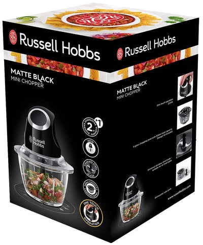 Russell Hobbs Zerkleinerer elektrisch Mini [Glasbehälter inkl. Aufbewahrungsdeckel] Matt Schwarz (500ml, Gemüsezerkleinerer, Mixer, Multi-& Universalzerkleinerer f. Gemüse, Obst & Fleisch) 24662-56