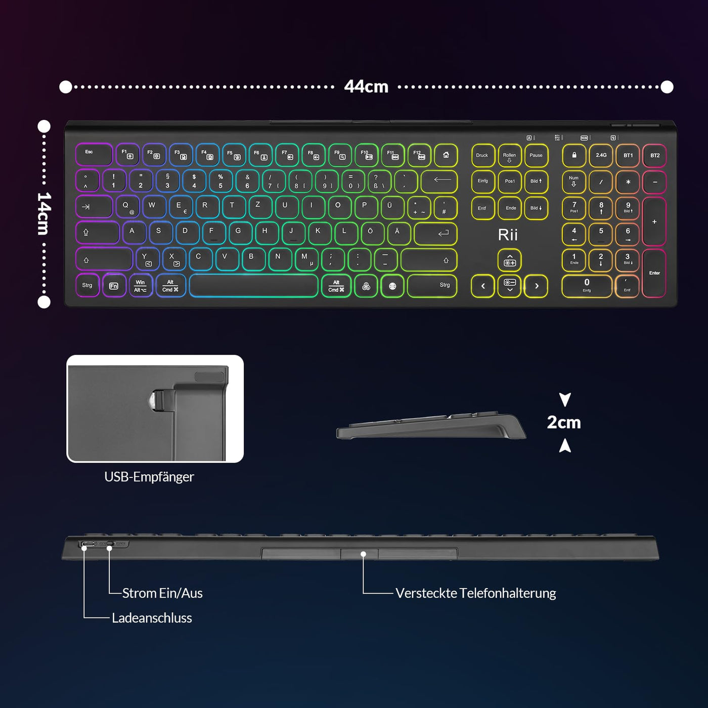 Rii Bluetooth Tastatur Kabellos, Gaming Tastatur Bluetooth mit QWERTZ, Tastatur Gaming Keyboard mit Halterung, Kabellose Tastatur Beleuchtet für PC/Tablet