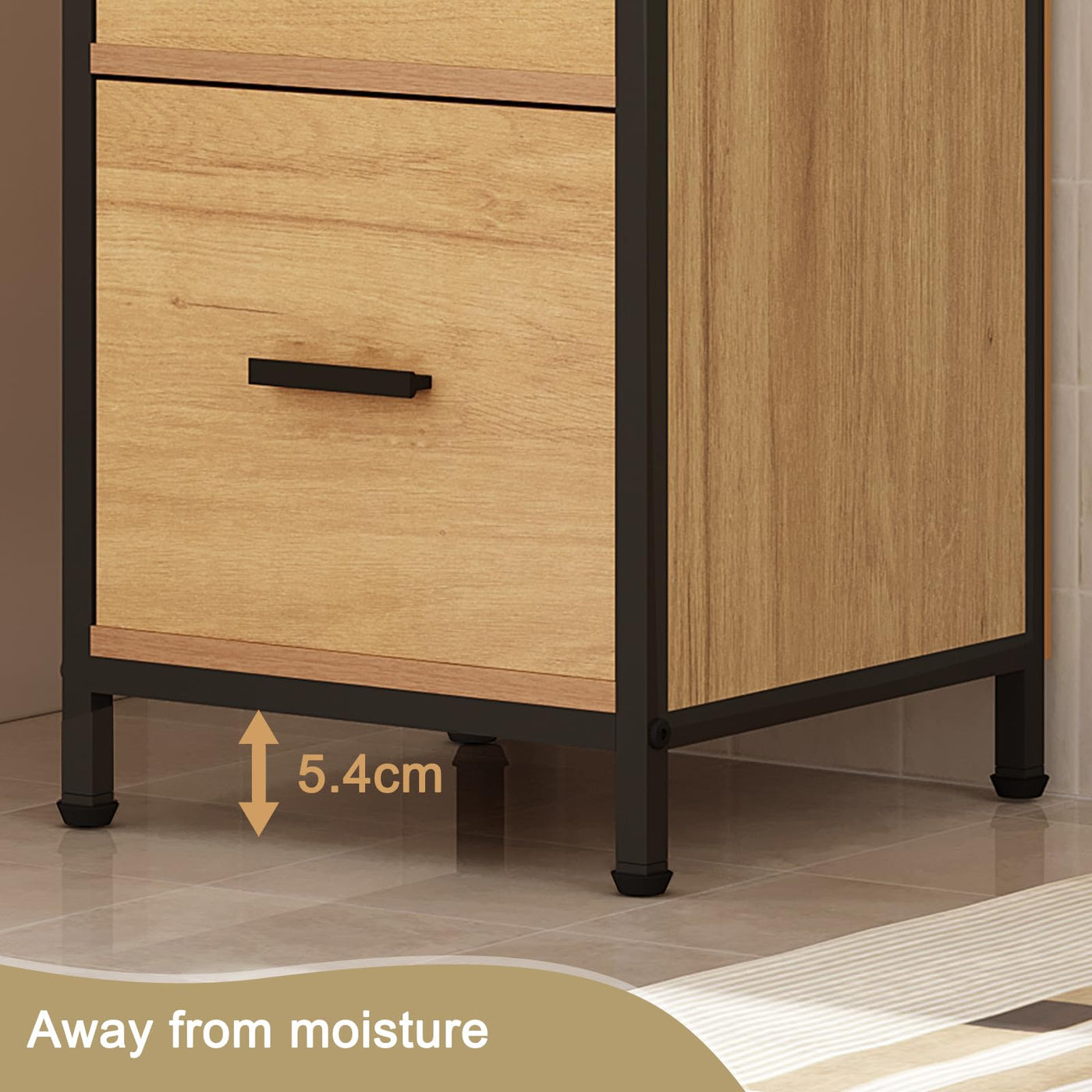 EUGAD Badezimmerschrank mit 2 abnehmbaren Schubladen, Badschrank schmal, multifunktionaler Aufbewahrungsschrank Eckschrank, Industrie Stil, mit Metallrahmen, Schwarz helle Eiche, 30x80x30 cm