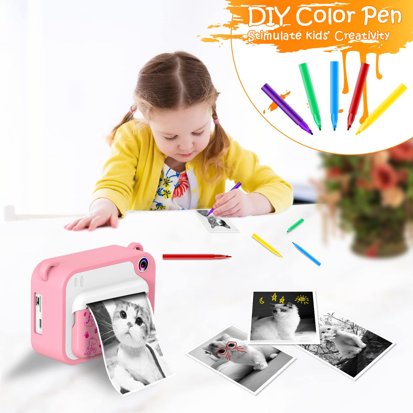 KinderKamera,DigitalKamera Sofortbildkamera Print 1080P 2.4 Zoll Bildschirm Videokamera Schwarzweiß Fotokamera mit 32GB Karte 3 Rollen Druckpapier 5 Farben Pinselstift Geschenk für Kinder 3-12 Jahren