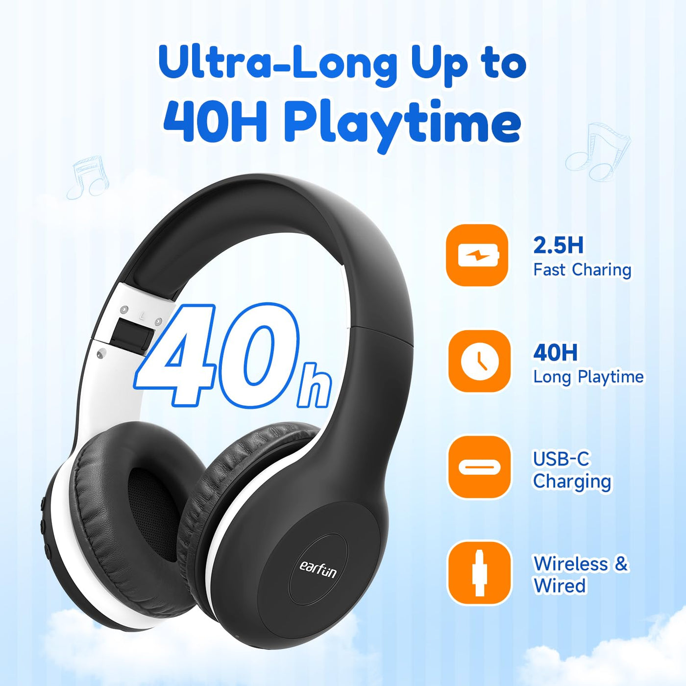 EarFun Bluetooth Kopfhörer Kinder, 85/94dB Lautstärkeregelung, HiFi Sound, HD-Mikrofon, 40 Std Akku, Faltbare, Einstellbar, Kopfhörer Kabellos Bluetooth Kinder für Schule/Reise/PC, Schwarz