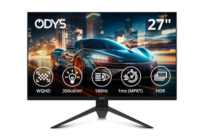 ODYS i27-Q-180 - 27 Zoll Gaming Monitor (69 cm Bildschirm, WQHD, 2.560x1.440 Pixel, 180 Hz, 1 ms Reaktionszeit (MPRT), Fast IPS Panel, FreeSync, HDMI, Display Port, 3,5mm Kopfhöreranschluss)