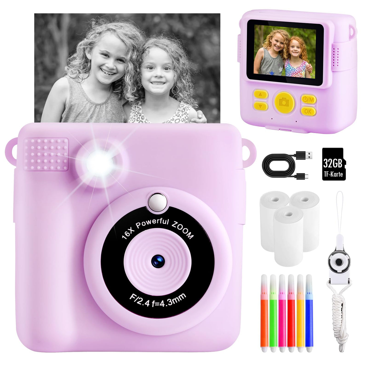 Kinderkamera Sofortbildkamera, 1080P Sofortbildkamera Kinder mit 32GB TF Karte,Druckpapier, Kamera Kinder Geschenke für Mädchen Jungen Alter 3-12 Jahre