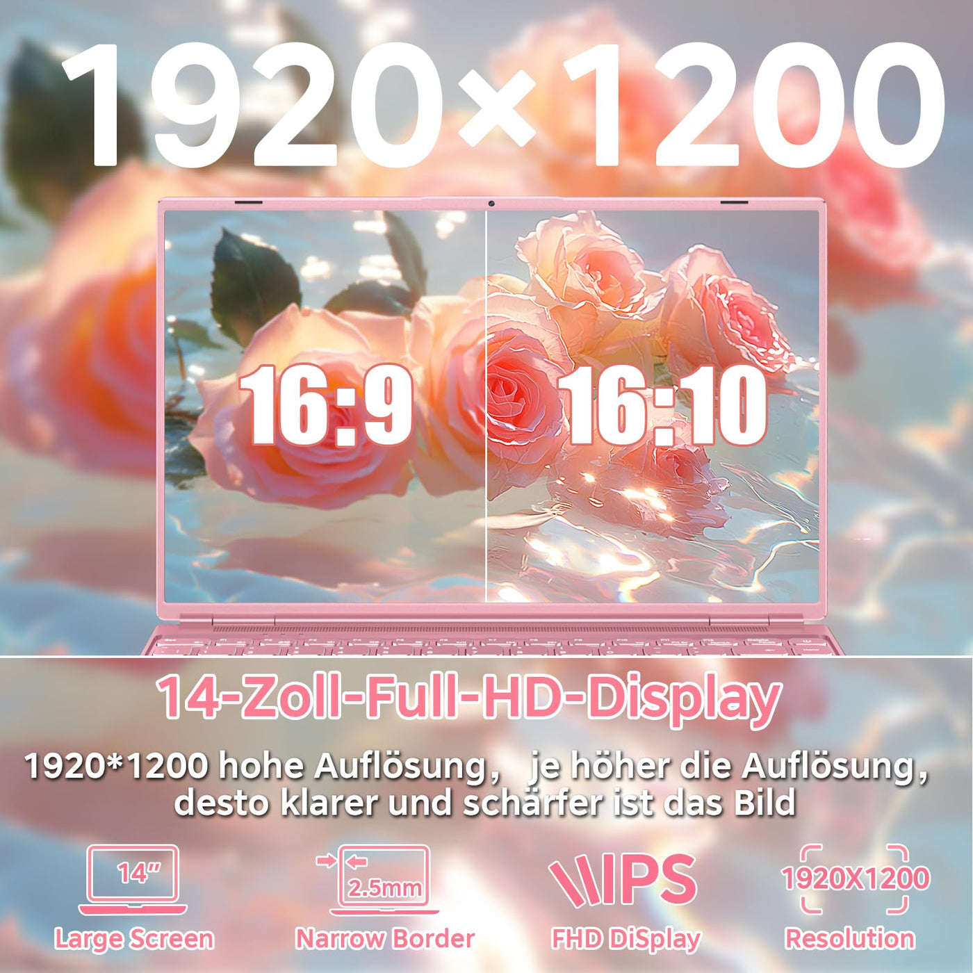 NOTODD 2025 Laptop 14 Zoll Win11 Pro 8+256GB SSD Unterstützung 1TB(TF-1TB) Celeron N5095 (bis 2.9GHz) 1920x1200 Notebook Kühlgebläse Type-C Deutscher Tastaturschutz und kabellose Maus-Rosa