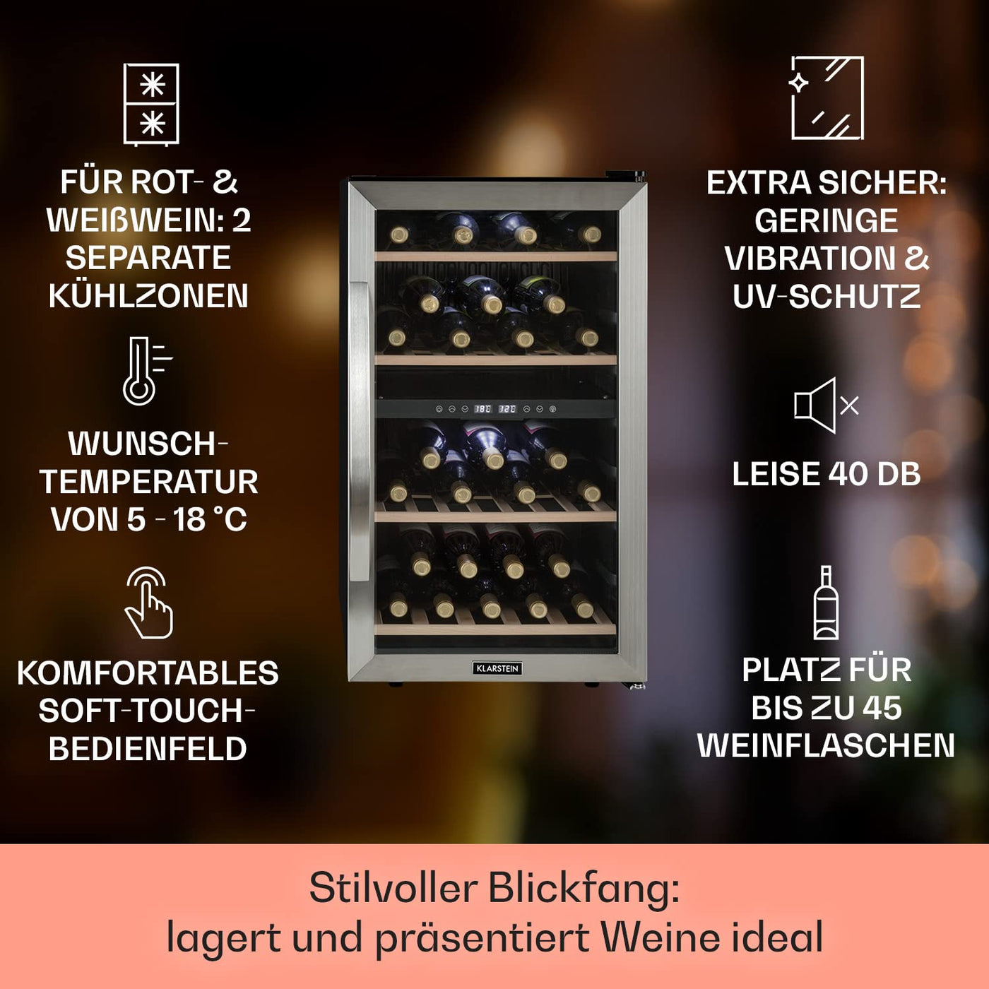 Klarstein Weinkühlschrank, Getränkekühlschrank Schmal, Kühlschrank mit Glastür, Getränkekühlschränke Freistehend, Weinkühlschrank Klein, Weinkühlschränke 2 Zonen, UV-Schutz, 5-18 °C, 45 Flaschen