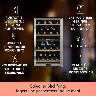 Klarstein Weinkühlschrank, Getränkekühlschrank Schmal, Kühlschrank mit Glastür, Getränkekühlschränke Freistehend, Weinkühlschrank Klein, Weinkühlschränke 2 Zonen, UV-Schutz, 5-18 °C, 45 Flaschen