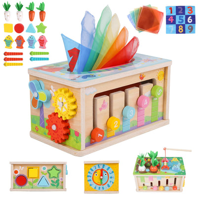 LZDMY Montessori Spielzeug Baby ab 6 Monate, 6-in-1 Tücherbox mit Knistertuch, Motorikwürfel Holzspielzeug 6-12 Monate Jungen Mädchen, Motorikspielzeug für Kinder 1-3, Baby Geschenk