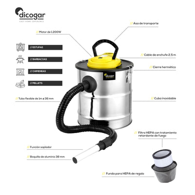 Aschesauger für Kamine, Pellets und Grills - 1.200W Leistung - 20 L Fassungsvermögen - Aus Edelstahl - Inklusive 1m Schlauch und Filterabdeckung - Gebläsefunktion - Dicogar