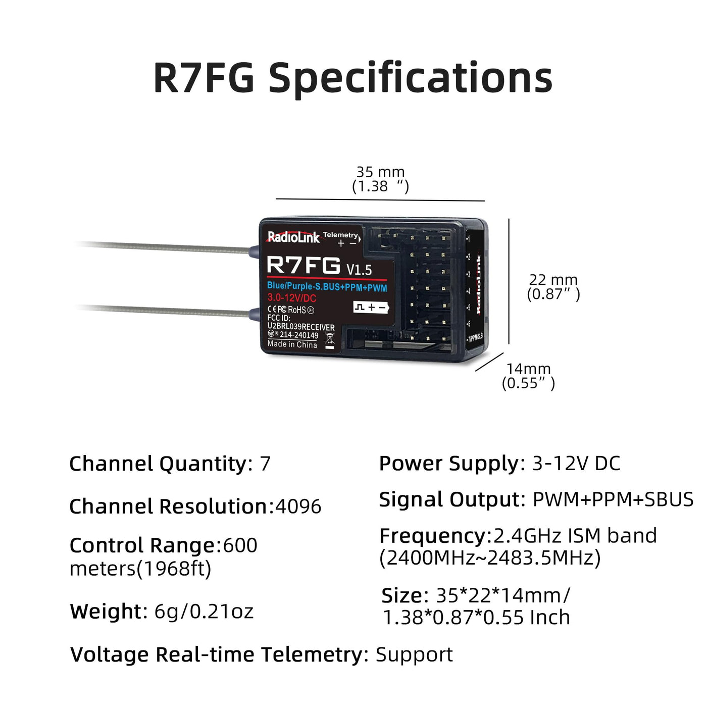 Radiolink R7FG RC Empfänger 2.4 Ghz Gyro-integriert 7 Kanäle mit Spannung-Telemetrie 600m Reichweite für Autos Boote kompatibel mit RC8X/RC6GS V3/RC4GS V3/T8FB/T8S/T16D/T12D