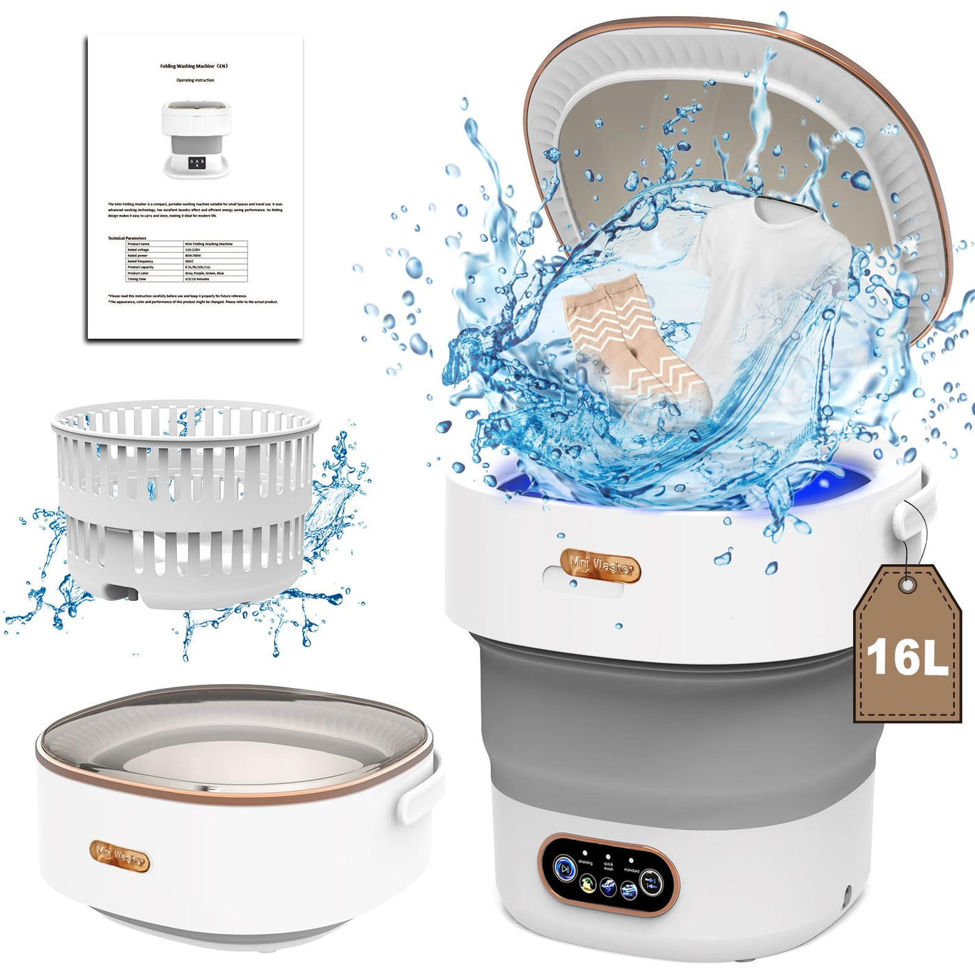 Mini Waschmaschine, 16L 2.3kg Camping Waschmaschine mit Schleuder, Mobile Waschmaschinen Tiefenreinigung von Unterwäsche, Babykleidung, Socks, Kleine Waschmaschine für Wohnungen, Schlafsäle, Grau