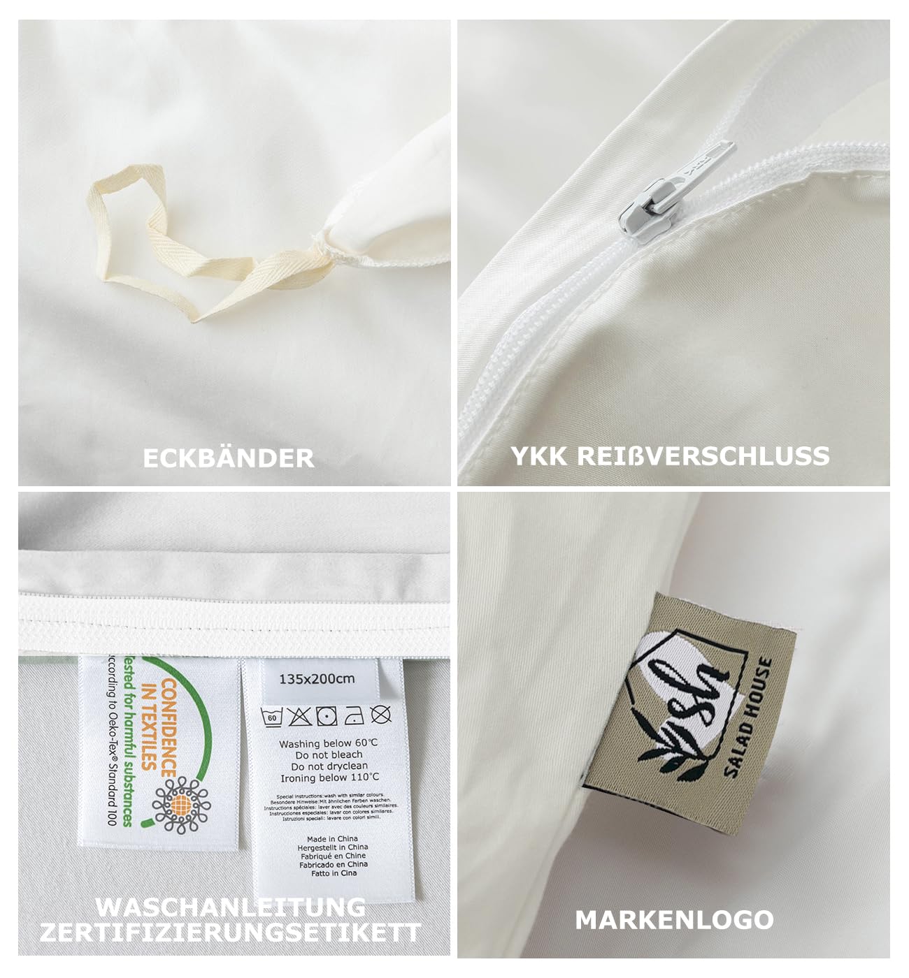 SALAD HOUSE Weiße Bettwäsche 135x200 Baumwolle, Allergiker Bettwäsche-Sets, Duvet Cover, Herbst Bettbezug + Satin Kissenbezug 80x80, Room Decor Bettwaren & Bettwäsche, 400TC