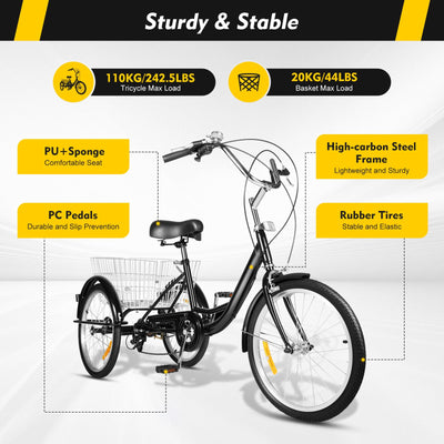 Tenddya Dreirad für Erwachsene, 20 Zoll Erwachsene Dreirad 8 Gang Dreirädriges Cruiser-Fahrrad m/Einkaufskorb, Senioren Dreirad für Erholung, Einkaufen, Picknicks Schwarz
