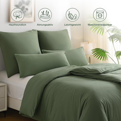 JELLYMONI Bettwäsche 135x200 Baumwolle 4-Teilig Bettwäsche-Sets Grün Oeko-Tex 100% Gewaschene Baumwolle 2 Bettbezüge mit Reißverschluss und 2 Kissenbezüge 40X80 mit Umschlag Weich 4tlg. Bettwäsche