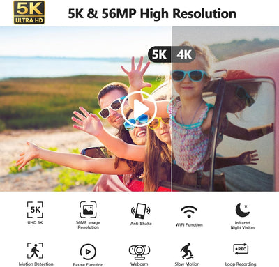 Videokamera 5K 56MP Camcorder Vlogging Kamera für YouTube,WiFi Nachtsicht 3" 270° drehbarer Touchscreen Video Vlogging Camera mit 64GB Karte, Mikrofon, Stabilisator, Fernbedienung,2 Batterien,Stativ