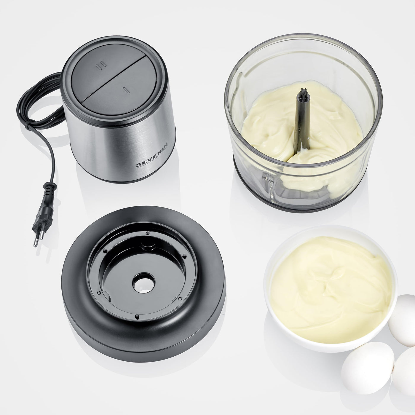 SEVERIN Universalzerkleinerer, Multizerkleinerer für grobes und feines Zerkleinern, geeignet für Crushed Ice, Käse, Nüsse und mehr, matt-schwarz/Edelstahl-gebürstet, KM 3867
