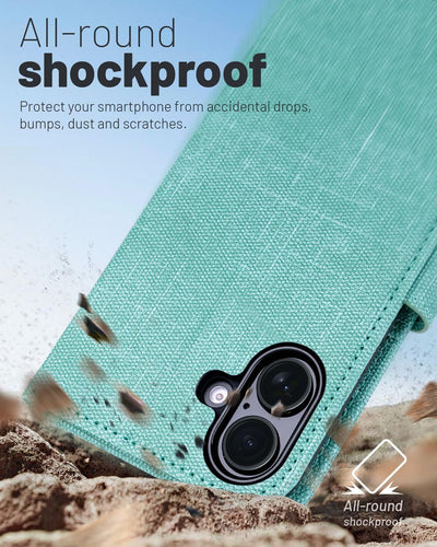 OCASE iPhone 16 Plus Hülle Handyhülle Premium PU Leder, Kartenfach Standfunktion, RFID Grhutzhülle Klapphülle Handytasche Lederhülle Kompatibel für iPhone 16 Plus (6,7 Zoll) Denim Grüne