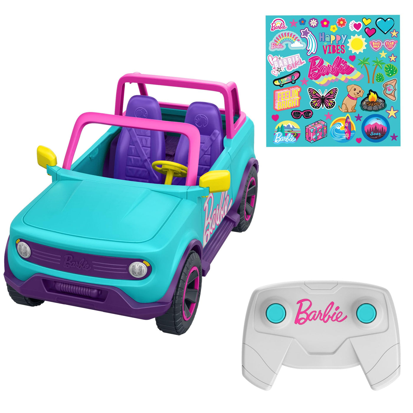 Hot Wheels Ferngesteuertes Auto, Barbie Ferngesteuerter SUV mit Aufklebern, kann 2 Barbie-Puppen Plus Zubehör aufnehmen, individuelle Gestaltung durch aufklebbare Sticker, HTP53