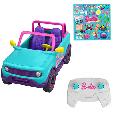 Hot Wheels Ferngesteuertes Auto, Barbie Ferngesteuerter SUV mit Aufklebern, kann 2 Barbie-Puppen Plus Zubehör aufnehmen, individuelle Gestaltung durch aufklebbare Sticker, HTP53