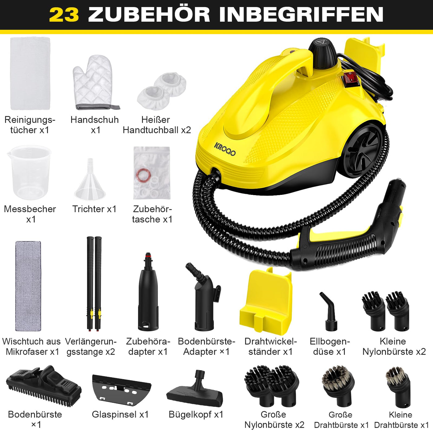 KROQO Dampfreiniger,Mehrzweck-Dampfreiniger Handgerät,Dampfreiniger für alles mit 23-Zubehörteilen,Entfernen von Tapeten,Boden,Teppich,Sofa,Polstermöbel,Auto,Fliesen,Polster,Bad- 1.5L Steam Cleaner