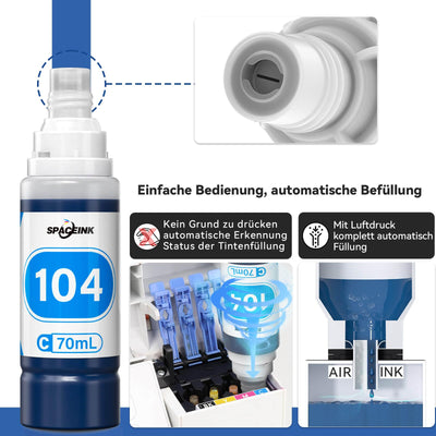 Spaceink Tinte 104 Multipack kompatibel für Epson 104 Tinte ET-4800 ET-4810 ET-2810 ET-2820 ET-2811 ET-2812 ET-2814 ET-2815 ET-2821 ET-2710 ET-2711 ET-2712 Drucker (2Schwarz, C, M, Gelb)