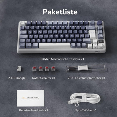 RK ROYAL KLUDGE M75 Gaming Tastatur kabellos 75% TKL Mechanische Tastatur RGB 2,4 GHz Wireless/Bluetooth/USB-C QWERTZ mit OLED-Smart-Display und Knopf Hot Swappable Roter Schalter, Lavendelviolett