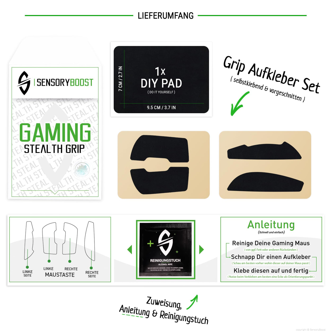 SensoryBoost Grip Tape Set für Logitech G PRO X Superlight 1 & 2 (+ extra Grip-Pad) Schweißabsorbierend, extrem rutschfest, Ultradünn (0.5mm) Selbstklebend & Rückstandsfrei - Gaming Maus Zubehör
