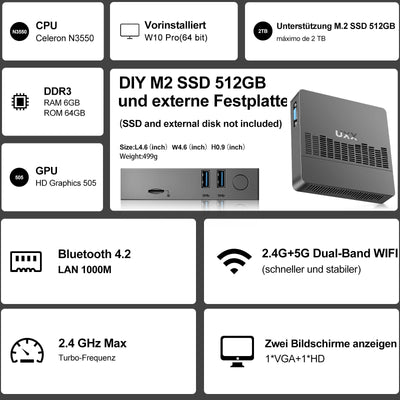 UXX Mini PC Unterstützung 512GB M.2 SSD Erweiterung, N3350 Micro Desktop Computer 64GB eMMC, Gaming PC 4K UHD Dual Display, BT, 2.4/5G WiFi, USB 3.0, HDMI für Büro/Home (Grau)
