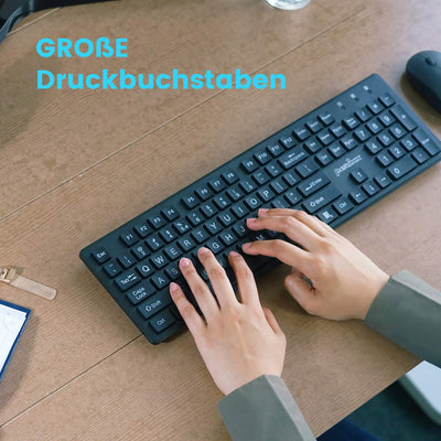 Perixx PERIDUO Kabellose Standard Tastatur und Maus Desktop-Set mit großen Druckbuchstaben, Schwarz, DE QWERTZ Layout 11717