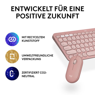 Logitech Pebble 2 Combo, kabellose Tastatur und Maus, leise und mobil, anpassbar, Logi Bolt, Bluetooth, Easy-Switch für Windows, macOS, iPadOS, Chrome - Deutsches QWERTZ-Layout, Rosa
