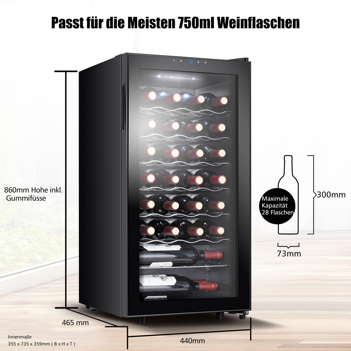 Kalamera Weinkühlschrank, 28 Flaschen 86 Liter, Touch-Bedienfeld, Schwarze Glastür, Verdeckter Griff, 5-18°C Kühlzone, Herausnehmbare Eisenböden, KRC-86FCSS-B