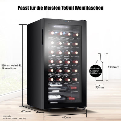 Kalamera Weinkühlschrank, 28 Flaschen 86 Liter, Touch-Bedienfeld, Schwarze Glastür, Verdeckter Griff, 5-18°C Kühlzone, Herausnehmbare Eisenböden, KRC-86FCSS-B