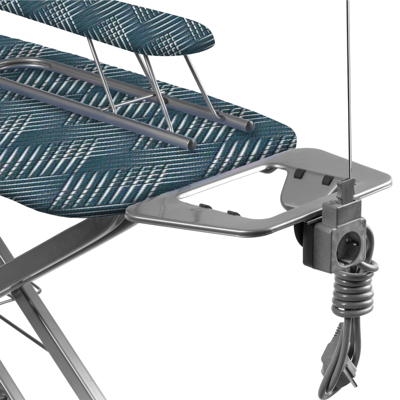 KADAX Bügelbrett mit eingebautem Verlängerungskabel, Klappbarer Bügeltisch mit Kabelhalterung, Dampfbügeltisch mit ausziehbarer Ablage für Kleidung (Grün)