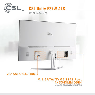 All-in-One-PC CSL Unity F27W-ALS, 68,58 cm (27 Zoll, 1920x1080 Full HD) - Leistungsstarker AIO (Intel N200 CPU 4x3700 MHz, 512 GB SSD, 16 GB DDR4-RAM, Windows 11 Home), weiß
