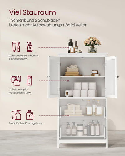 VASAGLE Badezimmerschrank, Badschrank, Küchenschrank, Aufbewahrungsschrank mit 2 Türen und 2 Schubladen, verstellbare Ablage, 30 x 60 x 110 cm, klassikweiß BBC551P31