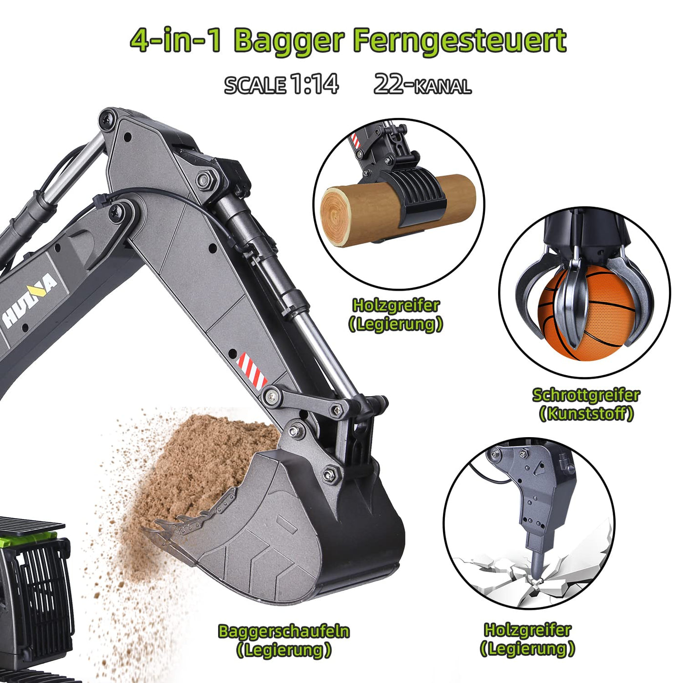 Generisch Huina 1593 Ferngesteuertes Baggerspielzeug, RC-Bagger-Sandkasten mit voll funktionsfähiger Bagger-Fernbedienung und Metallschaufel, ferngesteuert, mit Akku und Ladegerät, 2 Akkus, 3 Aufsätze