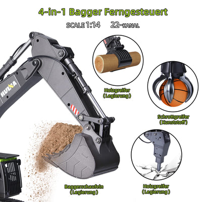 Generisch Huina 1593 Ferngesteuertes Baggerspielzeug, RC-Bagger-Sandkasten mit voll funktionsfähiger Bagger-Fernbedienung und Metallschaufel, ferngesteuert, mit Akku und Ladegerät, 2 Akkus, 3 Aufsätze
