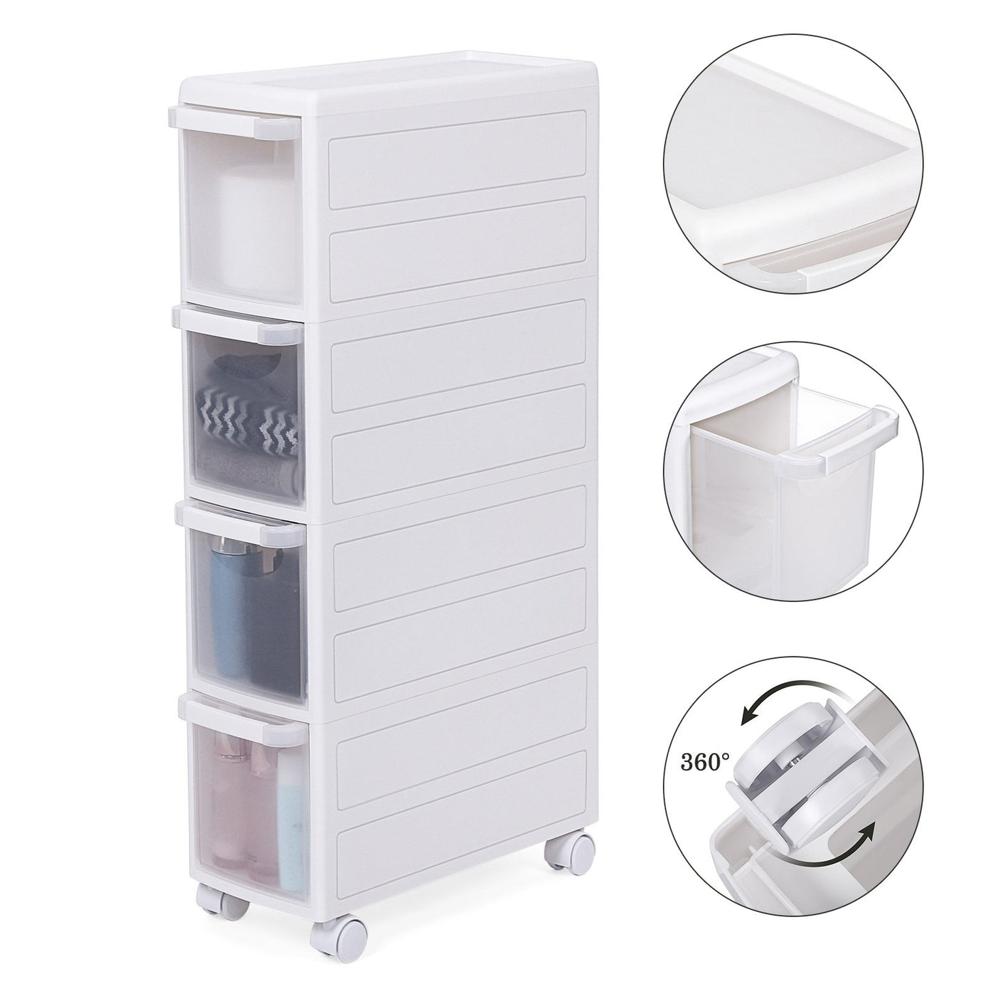 SONGMICS Rollwagen mit Vier Schüben Nischenregal Separat benutzbar Küchenregal Badregal Standregal Allzweckwagen mit Rollen 84,5 cm Hoch weiß KFR05W